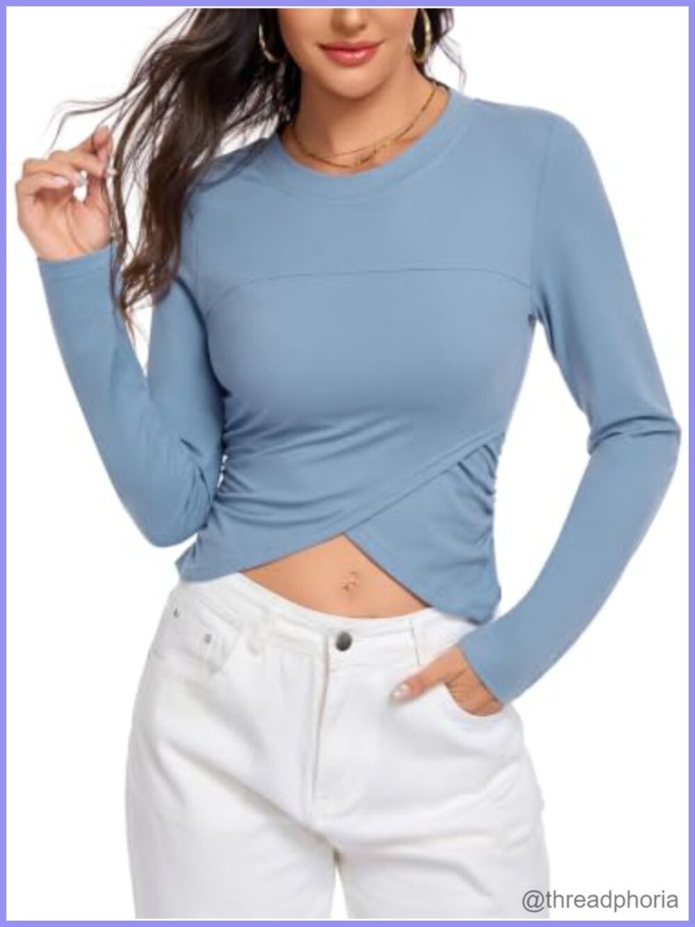Womens Long Sleeve Crewneck Cross Wrap Crop Top Casual Slim Fit